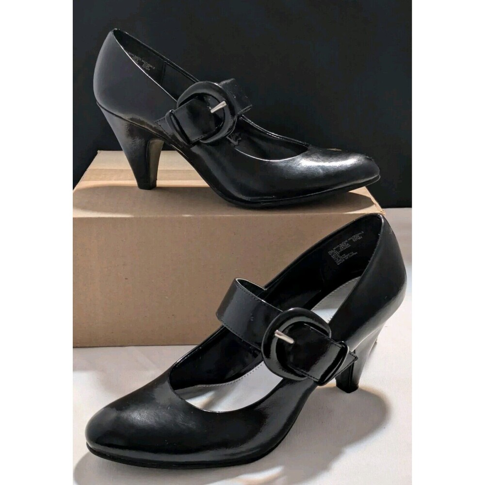 Jaclyn Smith 7.5 Black Vintage Mary Jane Buckle Pumps Womans High Heels Shoes